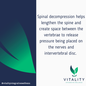 Spinal decompression helps lengthen the spine and create space between the vertebrae to release pressure being placed on the nerves and intervertebral discs..
