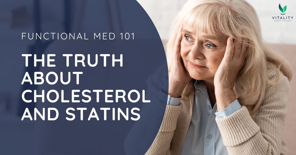 An older woman looking upset with a banner that reads "The Truth About Cholesterol and Statins".
