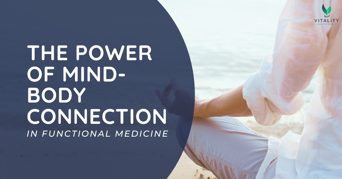 A woman meditating on a beach with a banner that reads, "The Power of Mind-Body Connection in Functional Medicine".