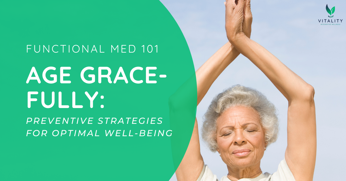 A happy, healthy elderly woman aging gracefully while practicing yoga with a banner that reads, "Age Gracefully: Preventative Strategies for Optimal Well-Being"