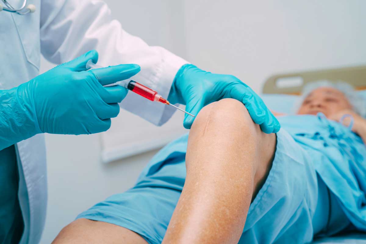 Joint Rejuvenation Video 1 A woman receiving an injection in her knee for rejuvenation therapy, once called stem cell therapy.