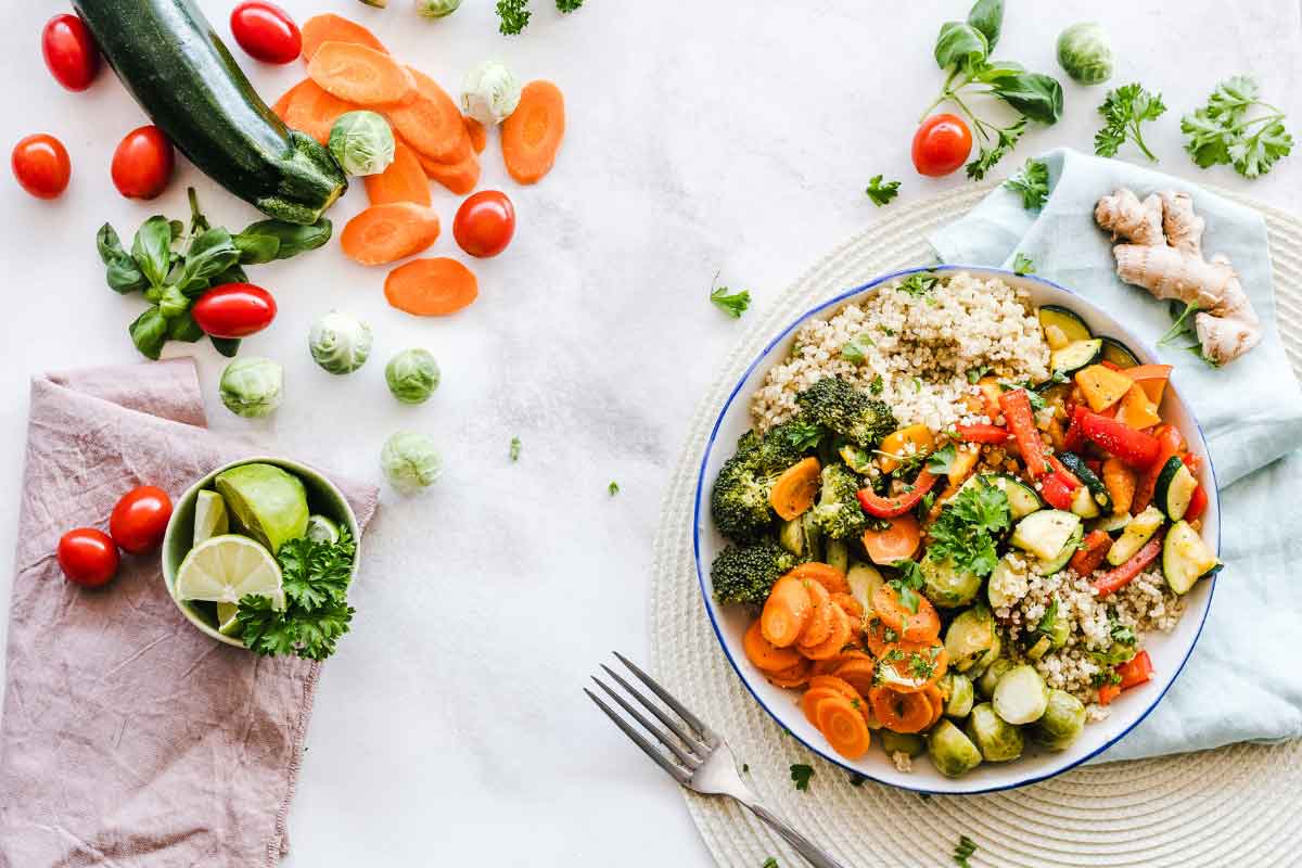 A healthy meal with vegetables, protein and brown rice. A balanced diet is important in managing diabetes. 